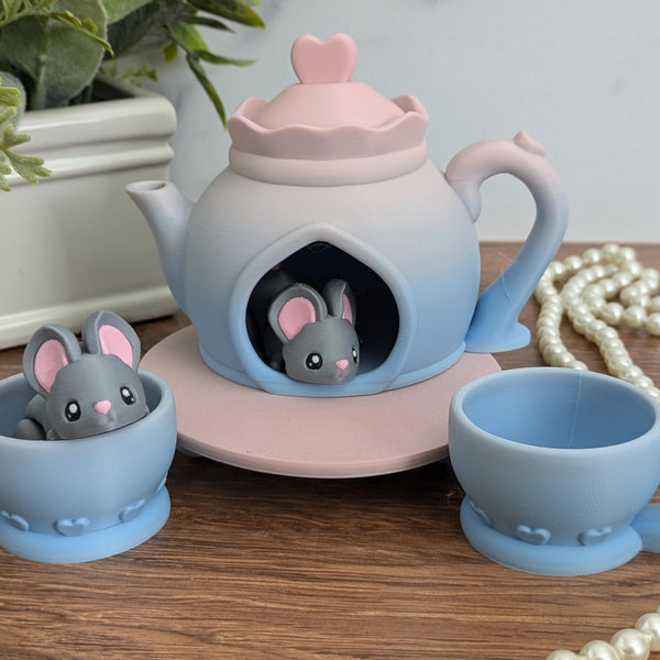 CUSTOMIZABLE Cute Mouse and Tea Set Adorable Mice Desk Toy Fidget Custom Mouse Tea Pot and Teacups Fidget Toy