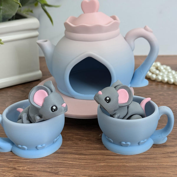 CUSTOMIZABLE Cute Mouse and Tea Set Adorable Mice Desk Toy Fidget Custom Mouse Tea Pot and Teacups Fidget Toy