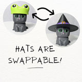 Cats in Hats Figurines – Interchangeable Hats – Funny Cat Gifts – Desk Toys – Mushroom, Frog, Viking, Witch, Cheese, Cone Hat