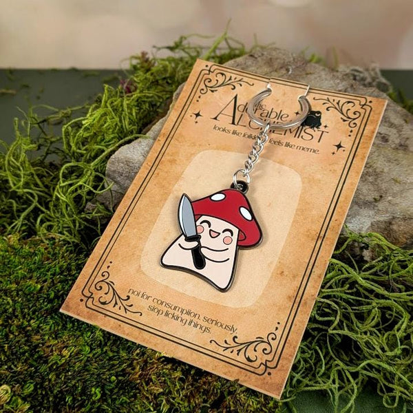 Stabby Mushroom Enamel Keychain or Pin: Shroomshank with Knife - Goblincore Bag Charm