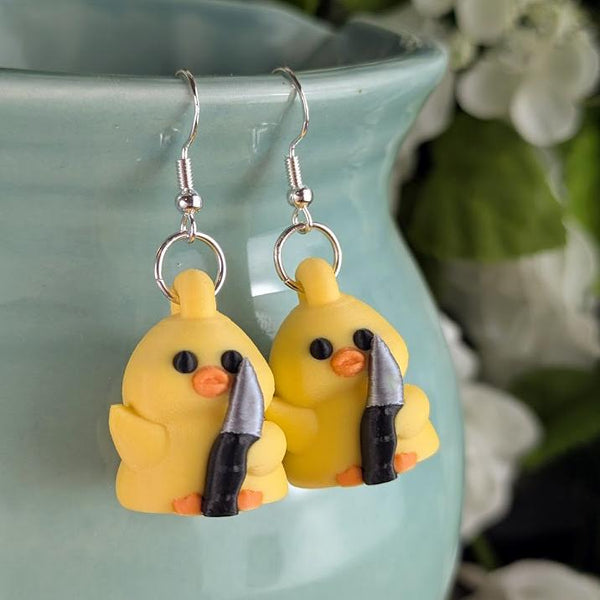 Stabby Duck Earrings – Funny Duck Jewelry with Knife – Weird Gift, Cute but Deadly Earrings, 3D Printed Animal Earrings