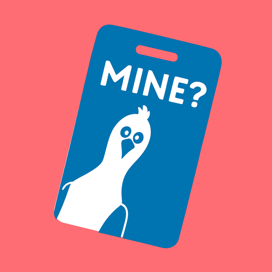 Icon for the luggage tag category depicting a rectangular luggage tag with a seagull and the word MINE? on it.