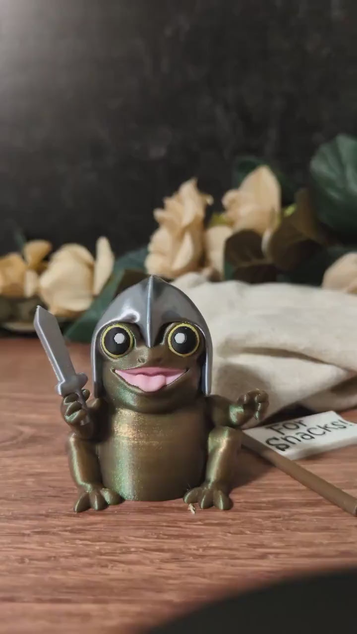 Sir Glorb Frog Knight – Funny Fantasy Figurine with Sword and Flag, Cute Frog Decor, Nerdy Desk Buddy, Miniature Frog Statue