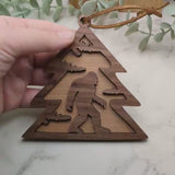 Sasquatch Christmas Tree Ornament - Hardwood Two-Layer Design with Black Walnut and Maple - Unique Bigfoot Holiday Decoration