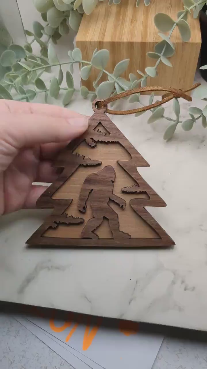 Sasquatch Christmas Tree Ornament - Hardwood Two-Layer Design with Black Walnut and Maple - Unique Bigfoot Holiday Decoration