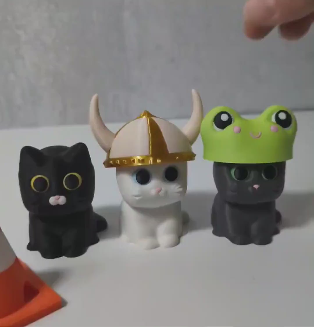 Cats in Hats Figurines – Interchangeable Hats – Funny Cat Gifts – Desk Toys – Mushroom, Frog, Viking, Witch, Cheese, Cone Hat