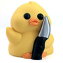 A happy yellow duck with an orange beak and feet holds a large silver and black knife.